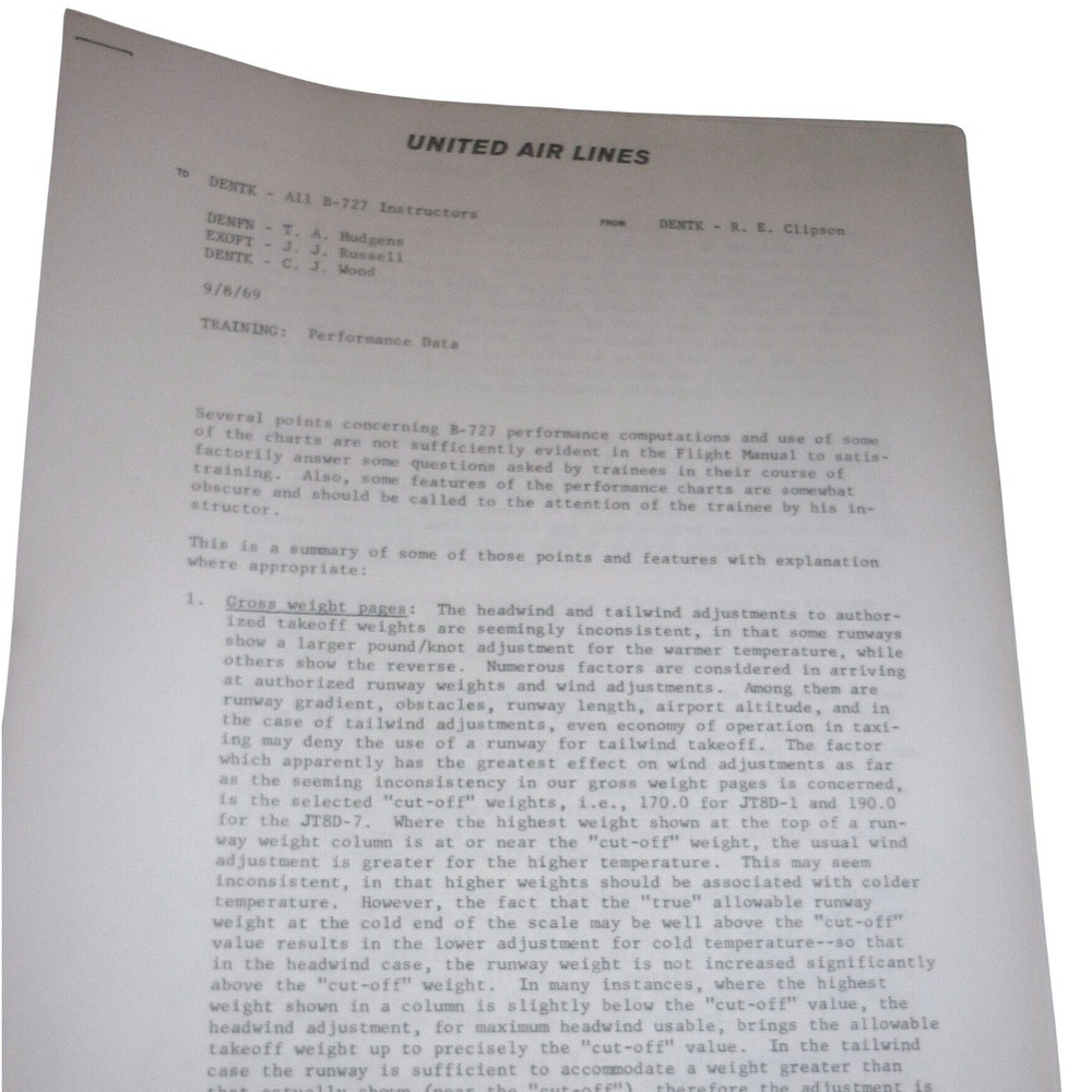 Vintage 1969‎ United Air Lines B-727 Training Memo Performance Data 3 Pages